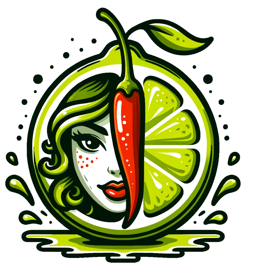 Logo von Lime-of-Lime | eine geteilte Limette mit einem Frauenkopf und einer Chili